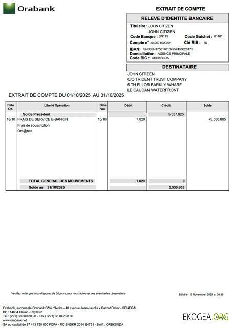 Relevé de compte Togo Orabank Modèle Word et PDF